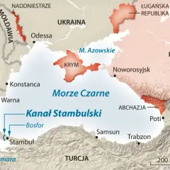 Mapa polityczna z zaznaczonym Morzem Czarnym, Krymem, Ukrainą, Rosją, Turcją i innymi krajami regionu.