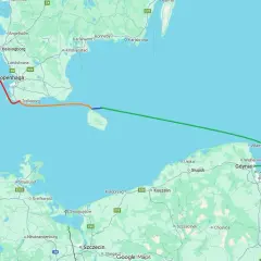 Trasa rejsu na Bornholm z Gdyni przez Trelleborg i Kopenhagę. Mapa pokazuje drogę morską i lądową.