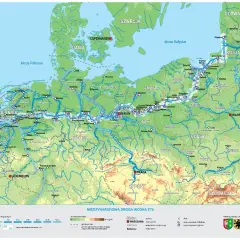 Mapa przedstawia **drogi wodne w Europie**, ze szczególnym uwzględnieniem międzynarodowej drogi wodnej E70, łączącej Amsterdam z Warszawą.