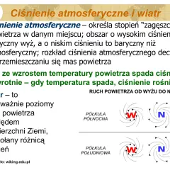 Wyjaśnienie ciśnienia atmosferycznego i jego wpływu na wiatr. Ilustracja pokazuje ruch powietrza od wyżu do niżu, zależny od ciśnienia.