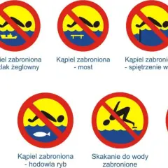 Znaki ostrzegawcze nad wodą: zakaz kąpieli, skakania, łowienia ryb, hałasu. Kąpiel zabroniona w wodzie pitnej, skażonej, przy spiętrzeniu wody.