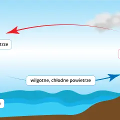 Ilustracja przedstawia cykl bryzy nocnej i dziennej: chłodne powietrze znad wody (wyż) i ciepłe powietrze znad lądu (niż).