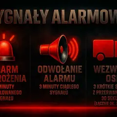 Trzy długie sygnały syreny: alarm zagrożenia (3 minuty), odwołanie alarmu (3 minuty) i wezwanie OSP (3 krótkie sygnały z przerwami, ok. 30 sekund).