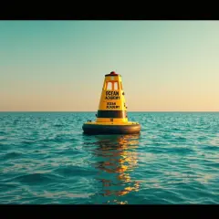 Żółta boja kardynalna z napisem "OCEAN ACADEMY" na spokojnym morzu.