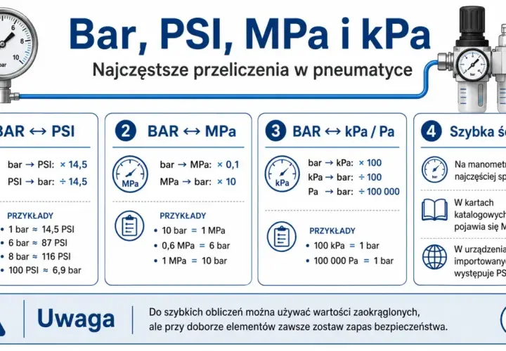 Jednostki ciśnienia: bar, PSI, MPa, kPa. Wykres pokazuje przeliczenia i przykłady, np. 1 bar to ok. 14,5 PSI.