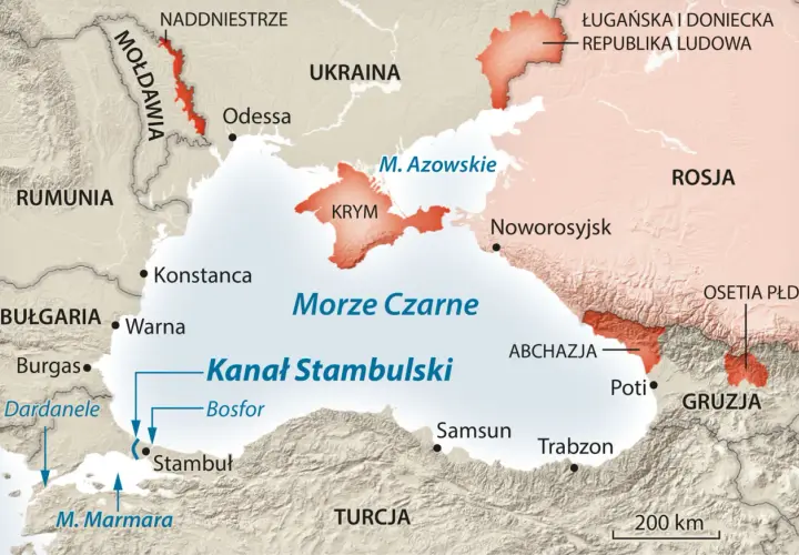 Mapa polityczna z zaznaczonym Morzem Czarnym, Krymem, Ukrainą, Rosją, Turcją i innymi krajami regionu.