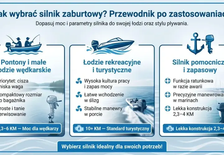 Przewodnik: jaki silnik do pontonu? Wybierz moc 2,3-6 KM dla wędkarskich łodzi, 10+ KM dla turystycznych, lub 2,3-4 KM jako pomocniczy.