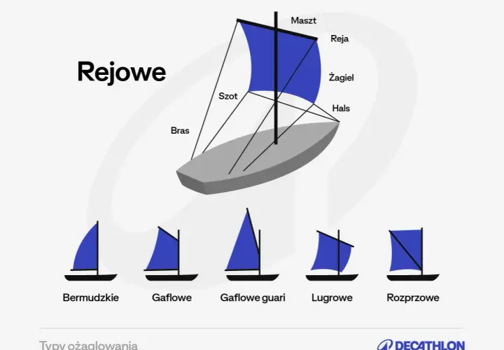 Ilustracja przedstawia różne typy ożaglowania: rejowe, bermudzkie, gaflowe, gaflowe guari, lugrowe i rozprzowe.