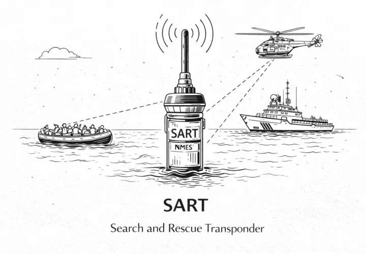 SART, czyli transponder radarowy, pomaga w akcji ratunkowej. Sygnał z łodzi z pasażerami jest odbierany przez helikopter i statek.