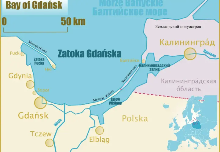 Mapa przedstawia zatokę gdańską, z zaznaczonymi miastami jak Gdynia, Sopot, Gdańsk, Tczew, Elbląg, oraz Półwysep Helski.