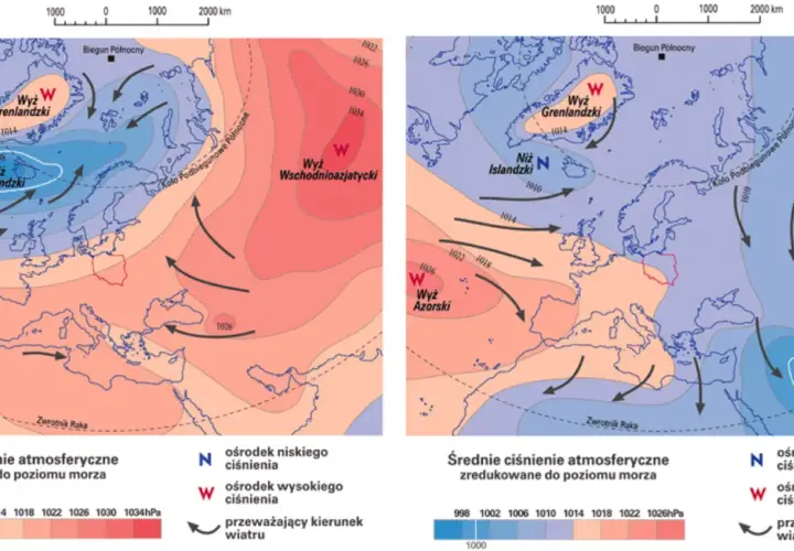 Mapy pokazują rozkład ciśnienia atmosferycznego. Po lewej widać niż islandzki, który często występuje, kiedy jest niskie ciśnienie atmosferyczne.