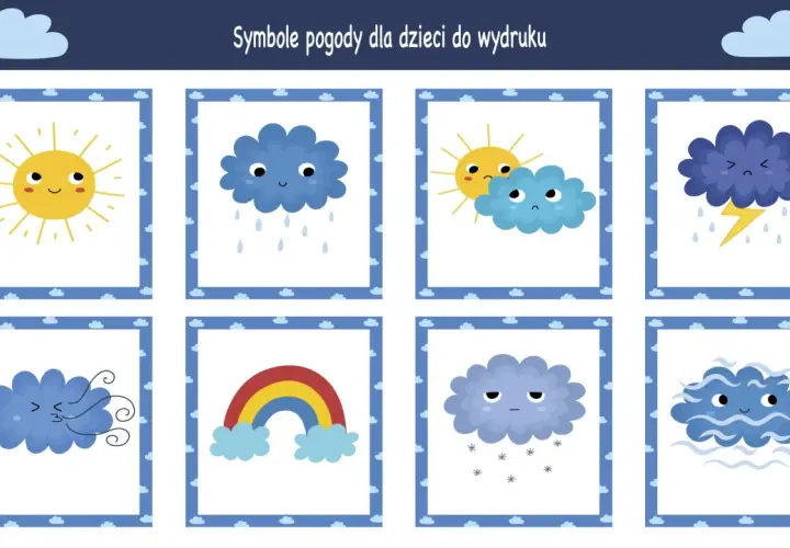 Urocze oznaczenia pogodowe dla dzieci: słońce, deszcz, burza, tęcza, wiatr, śnieg i mgła.