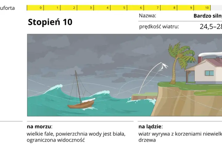 Silny wiatr wschodni wieje w kierunku, wywołując wielkie fale na morzu i wyrywając drzewa z korzeniami na lądzie. Sztorm osiąga 10. stopień w skali Beauforta.