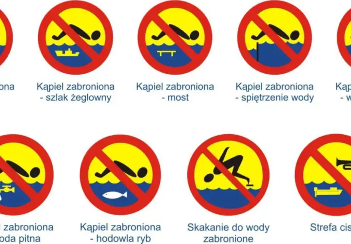 Znaki ostrzegawcze nad wodą: zakaz kąpieli, skakania, łowienia ryb, hałasu. Kąpiel zabroniona w wodzie pitnej, skażonej, przy spiętrzeniu wody.