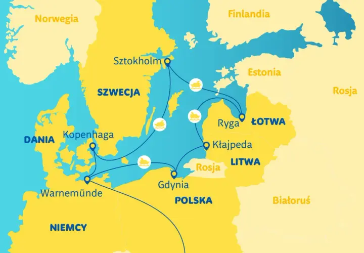 Mapa szlaków morskich Bałtyku: Dania, Szwecja, Finlandia, Estonia, Łotwa, Litwa, Polska, Niemcy, Norwegia. Rejsy między portami, np. Sztokholm, Kopenhaga, Gdynia, Ryga.