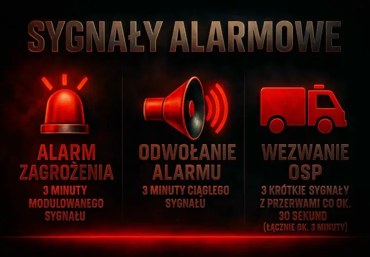 Trzy długie sygnały syreny: alarm zagrożenia (3 minuty), odwołanie alarmu (3 minuty) i wezwanie OSP (3 krótkie sygnały z przerwami, ok. 30 sekund).
