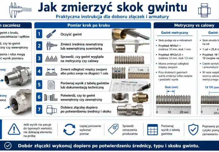 Instrukcja pomiaru skoku gwintu: od oczyszczenia, przez pomiar suwmiarką, po porównanie z tabelą. Kluczowy jest skok śruby.
