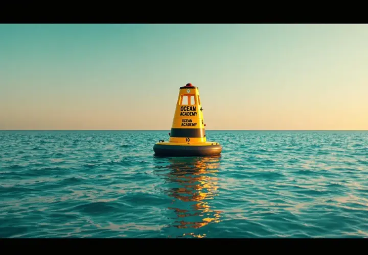 Żółta boja kardynalna z napisem "OCEAN ACADEMY" na spokojnym morzu.