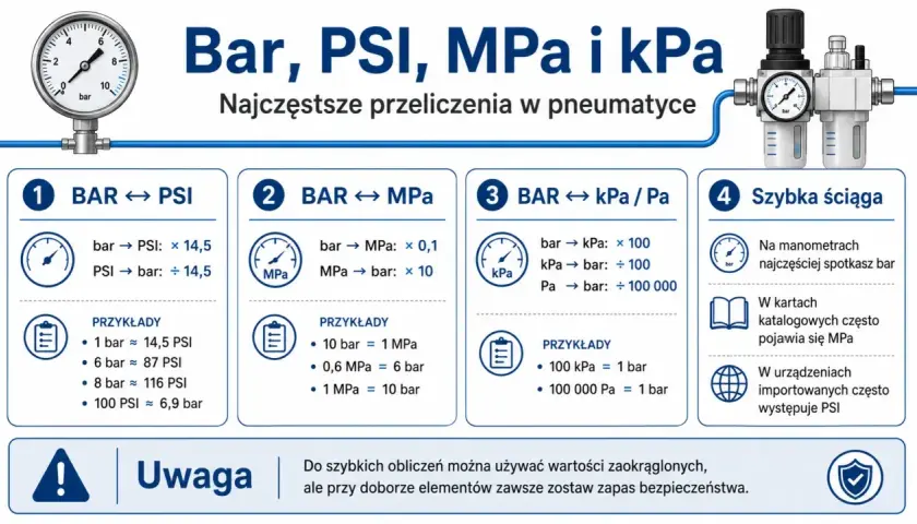 Jednostki ciśnienia: bar, PSI, MPa, kPa. Wykres pokazuje przeliczenia i przykłady, np. 1 bar to ok. 14,5 PSI.