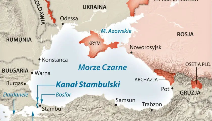 Mapa polityczna z zaznaczonym Morzem Czarnym, Krymem, Ukrainą, Rosją, Turcją i innymi krajami regionu.