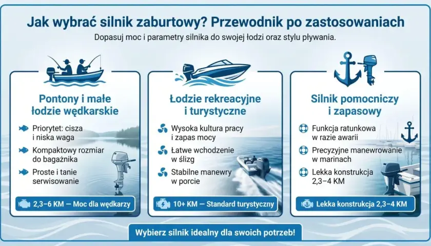 Przewodnik: jaki silnik do pontonu? Wybierz moc 2,3-6 KM dla wędkarskich łodzi, 10+ KM dla turystycznych, lub 2,3-4 KM jako pomocniczy.