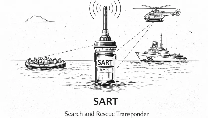 SART, czyli transponder radarowy, pomaga w akcji ratunkowej. Sygnał z łodzi z pasażerami jest odbierany przez helikopter i statek.