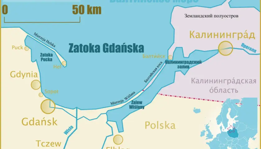 Mapa przedstawia zatokę gdańską, z zaznaczonymi miastami jak Gdynia, Sopot, Gdańsk, Tczew, Elbląg, oraz Półwysep Helski.
