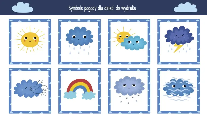 Urocze oznaczenia pogodowe dla dzieci: słońce, deszcz, burza, tęcza, wiatr, śnieg i mgła.