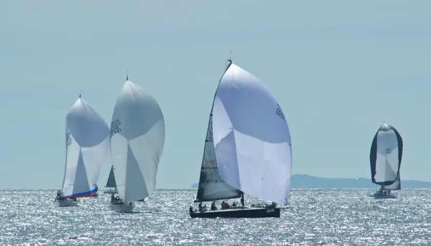 Wyścig jachtów na błyszczącym morzu. Duży, biały przedni żagiel na jachcie dominuje w kadrze, obok mniejszych łodzi.