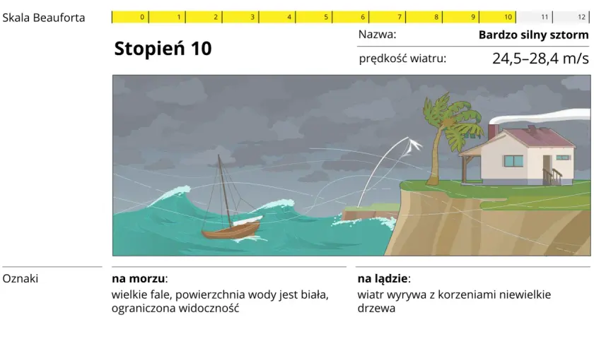 Silny wiatr wschodni wieje w kierunku, wywołując wielkie fale na morzu i wyrywając drzewa z korzeniami na lądzie. Sztorm osiąga 10. stopień w skali Beauforta.