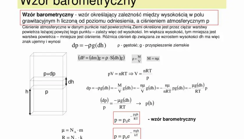 Wzór barometryczny opisuje zależność ciśnienia atmosferycznego od wysokości. Wyjaśnia, jak ciśnienie maleje wraz ze wzrostem wysokości, co ilustruje grafika i równania.