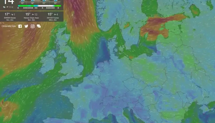 Mapa wiatrów nad Europą, idealna pogoda dla żeglarzy. Widać silne prądy powietrza nad Bałtykiem i Atlantykiem.