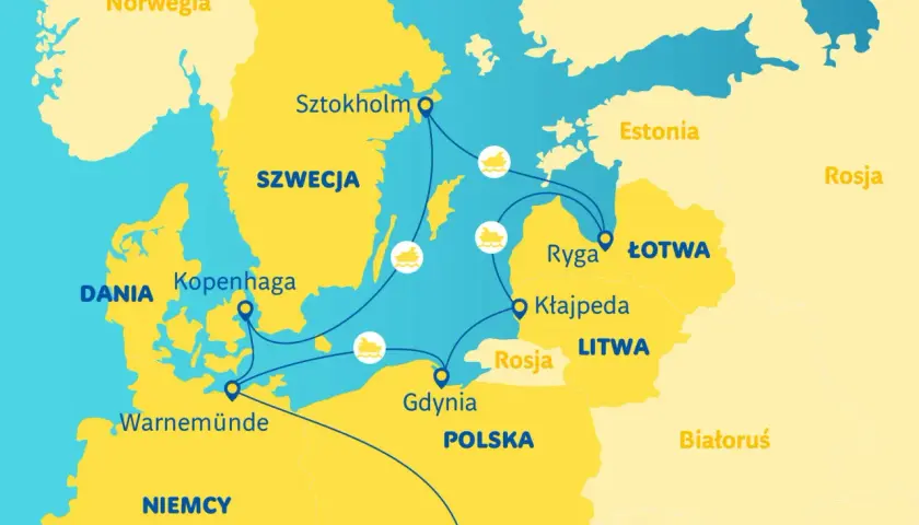 Mapa szlaków morskich Bałtyku: Dania, Szwecja, Finlandia, Estonia, Łotwa, Litwa, Polska, Niemcy, Norwegia. Rejsy między portami, np. Sztokholm, Kopenhaga, Gdynia, Ryga.