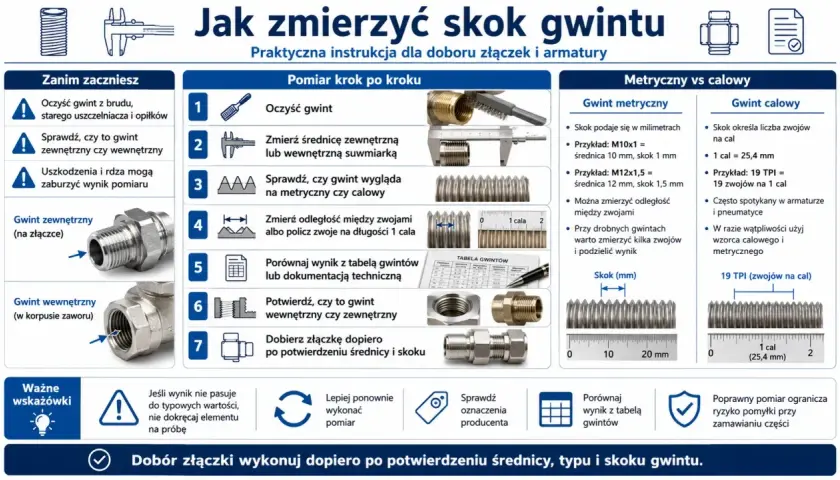 Instrukcja pomiaru skoku gwintu: od oczyszczenia, przez pomiar suwmiarką, po porównanie z tabelą. Kluczowy jest skok śruby.