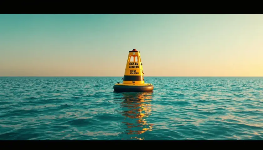 Żółta boja kardynalna z napisem "OCEAN ACADEMY" na spokojnym morzu.