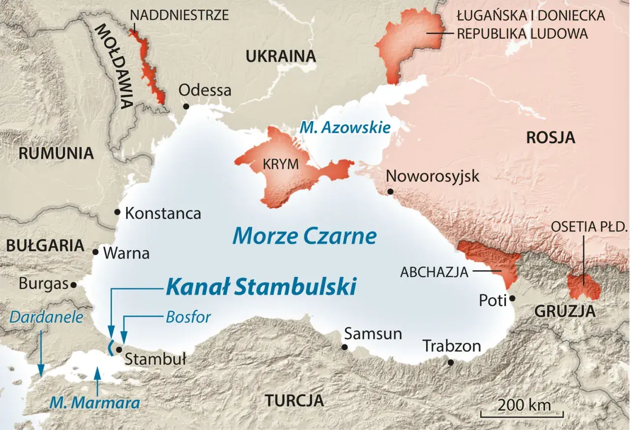 Mapa polityczna z zaznaczonym Morzem Czarnym, Krymem, Ukrainą, Rosją, Turcją i innymi krajami regionu.