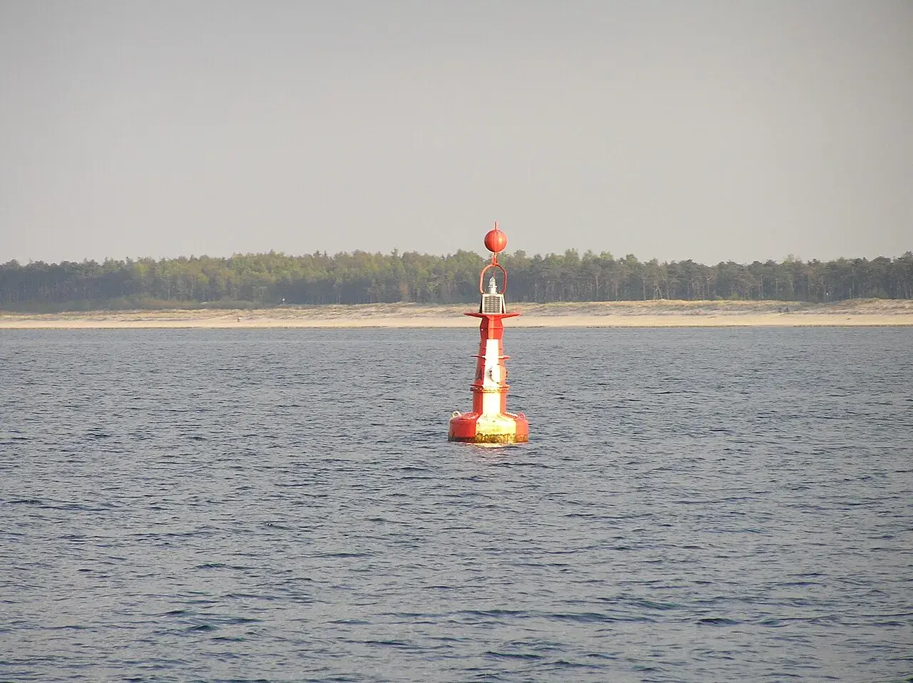 Czerwono-biała boja nawigacyjna, znak bezpiecznej wody, na spokojnym morzu. W tle linia lasu i plaży.