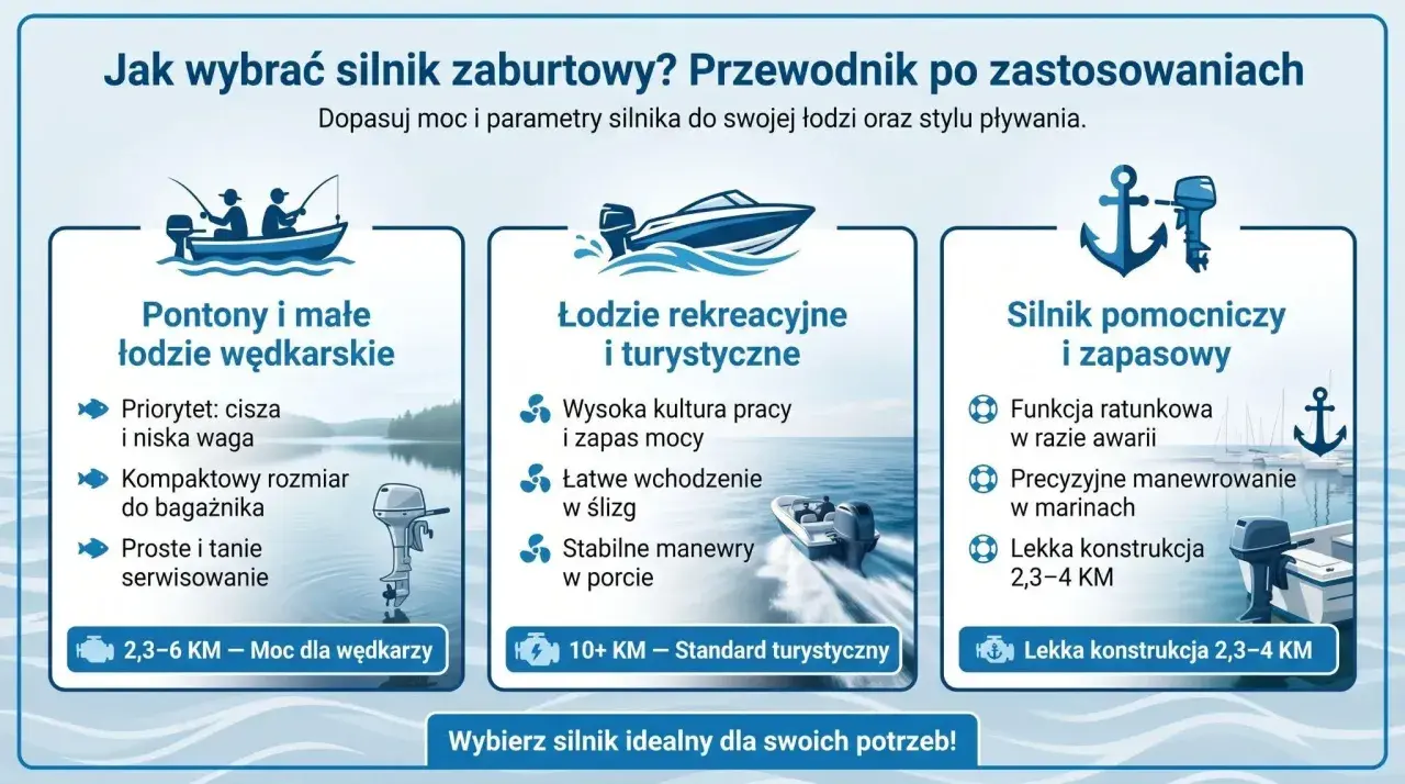 Przewodnik: jaki silnik do pontonu? Wybierz moc 2,3-6 KM dla wędkarskich łodzi, 10+ KM dla turystycznych, lub 2,3-4 KM jako pomocniczy.