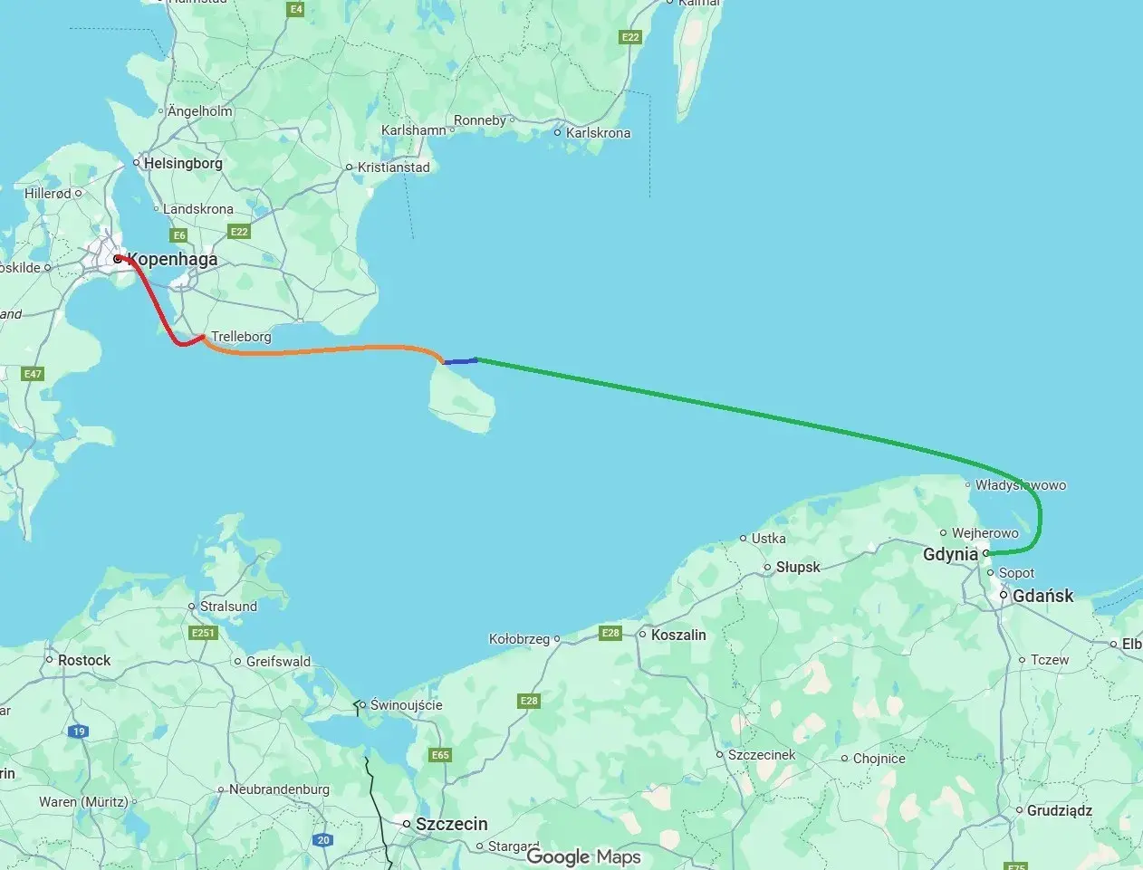 Trasa rejsu na Bornholm z Gdyni przez Trelleborg i Kopenhagę. Mapa pokazuje drogę morską i lądową.