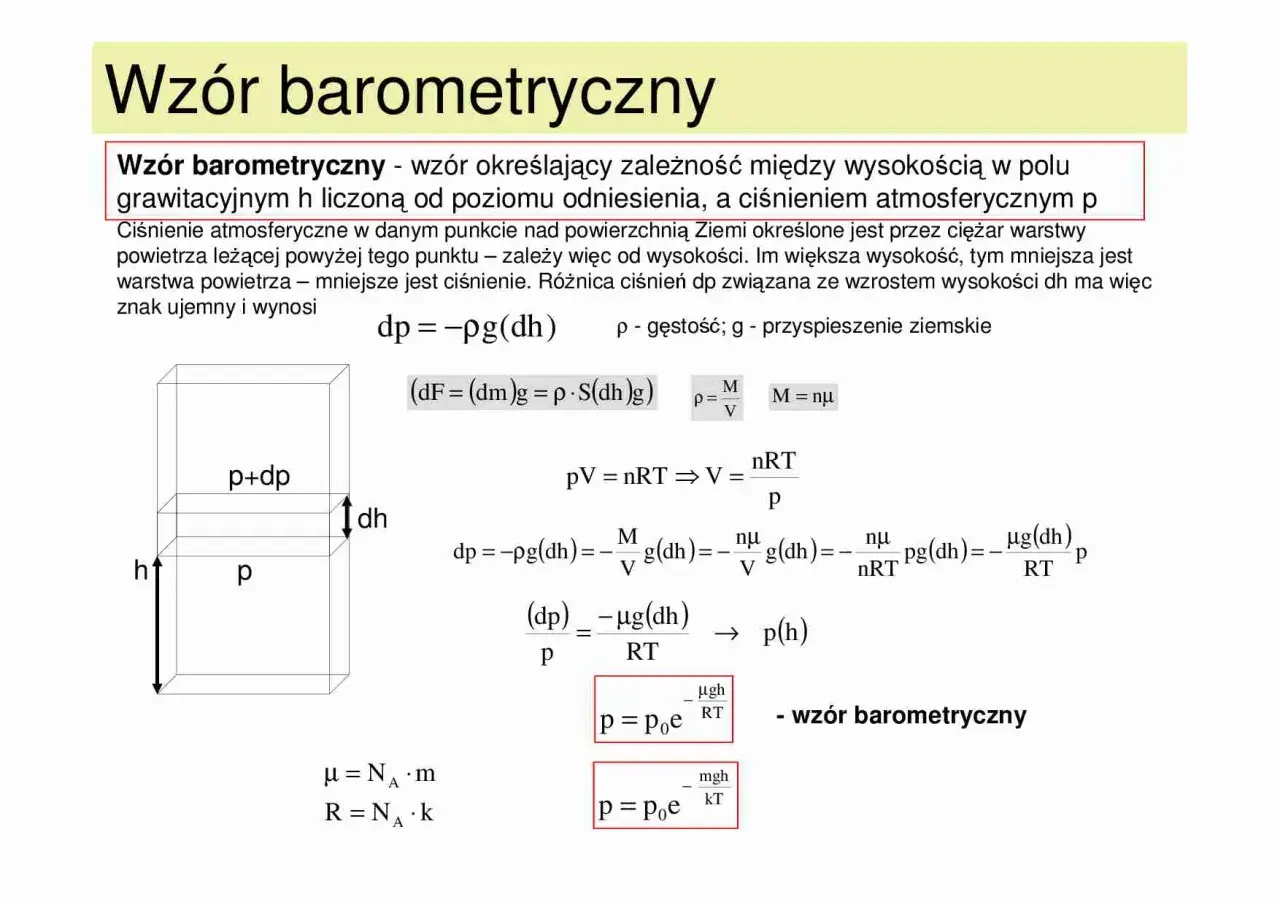 Wzór barometryczny opisuje zależność ciśnienia atmosferycznego od wysokości. Wyjaśnia, jak ciśnienie maleje wraz ze wzrostem wysokości, co ilustruje grafika i równania.