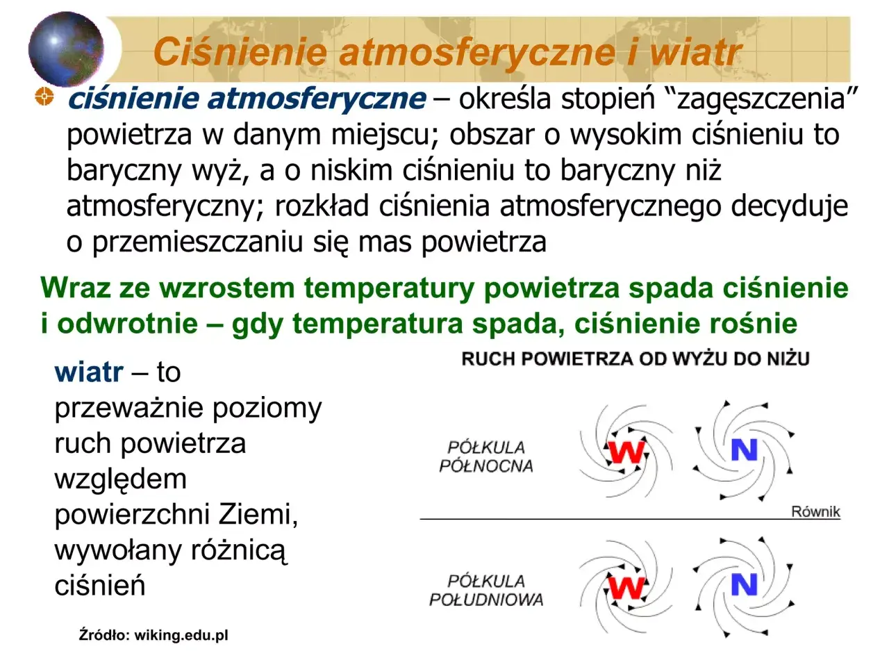 Wyjaśnienie ciśnienia atmosferycznego i jego wpływu na wiatr. Ilustracja pokazuje ruch powietrza od wyżu do niżu, zależny od ciśnienia.
