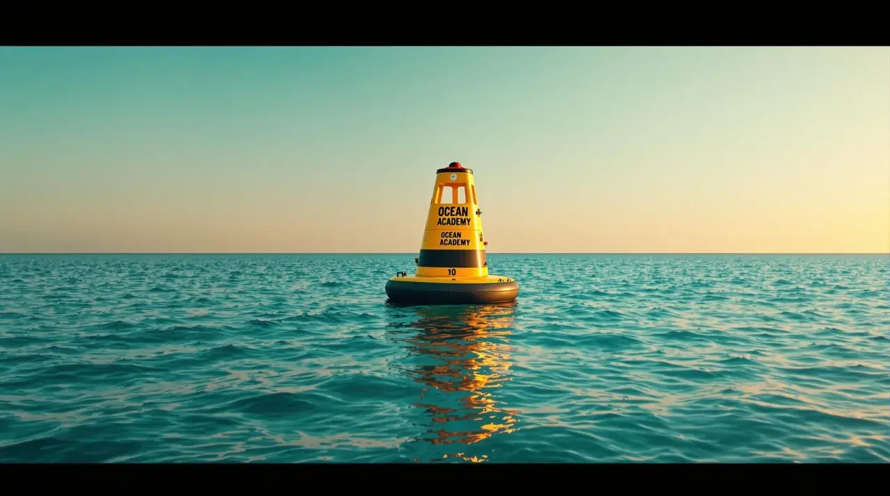 Żółta boja kardynalna z napisem "OCEAN ACADEMY" na spokojnym morzu.