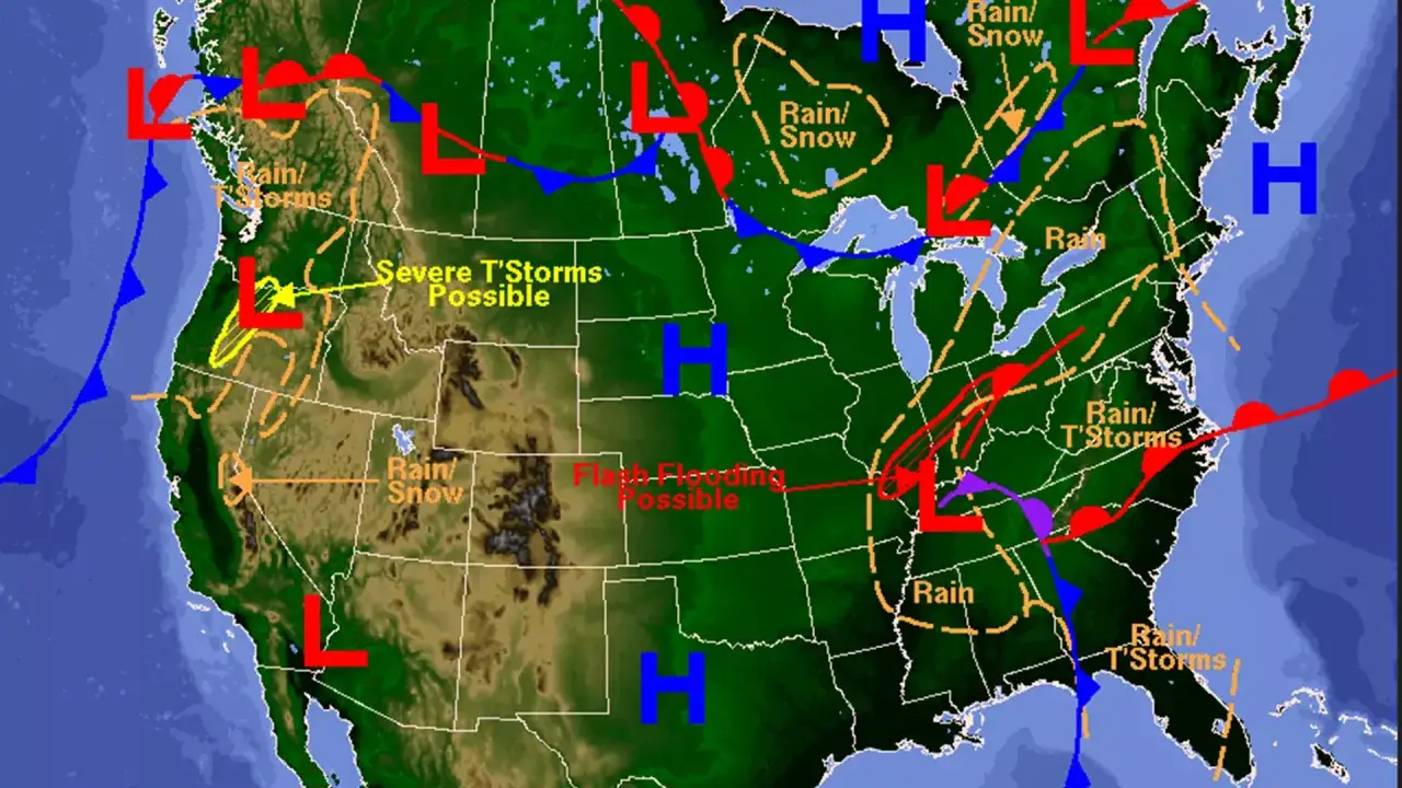 Mapa pogody USA: obszary deszczu, burz, śniegu i możliwe powodzie. Widać fronty atmosferyczne i układy niskiego ciśnienia, które wpływają na to, co to jest wiatr i jak się porusza.