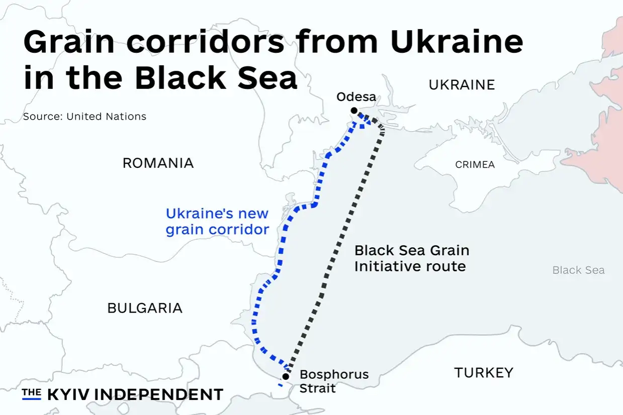 Mapa pokazuje korytarze zbożowe na Morzu Czarnym, w tym nową trasę z Odessy do cieśniny Bosfor.