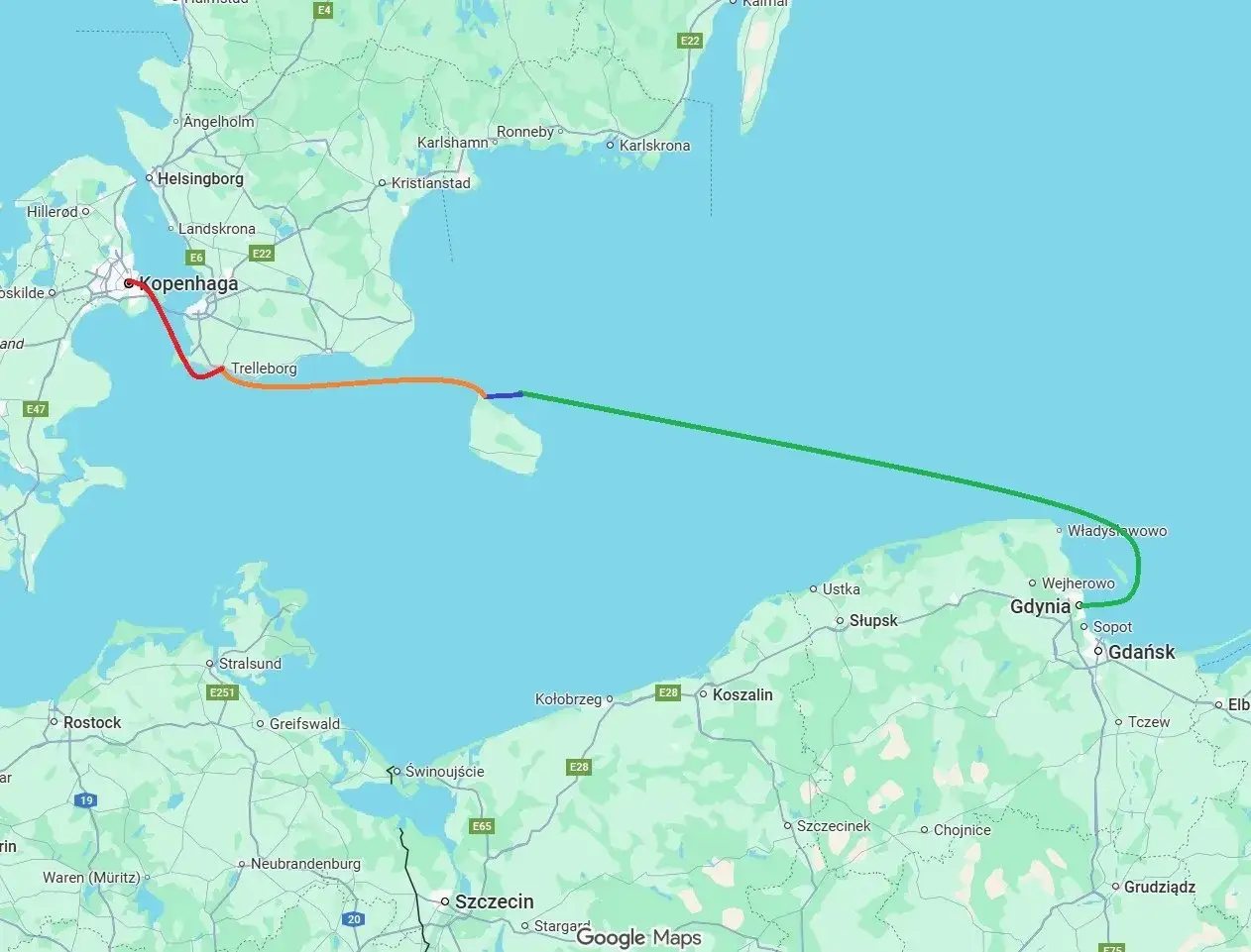 Trasa rejsu na Bornholm z Gdyni przez Trelleborg i Kopenhagę. Mapa pokazuje drogę morską i lądową.