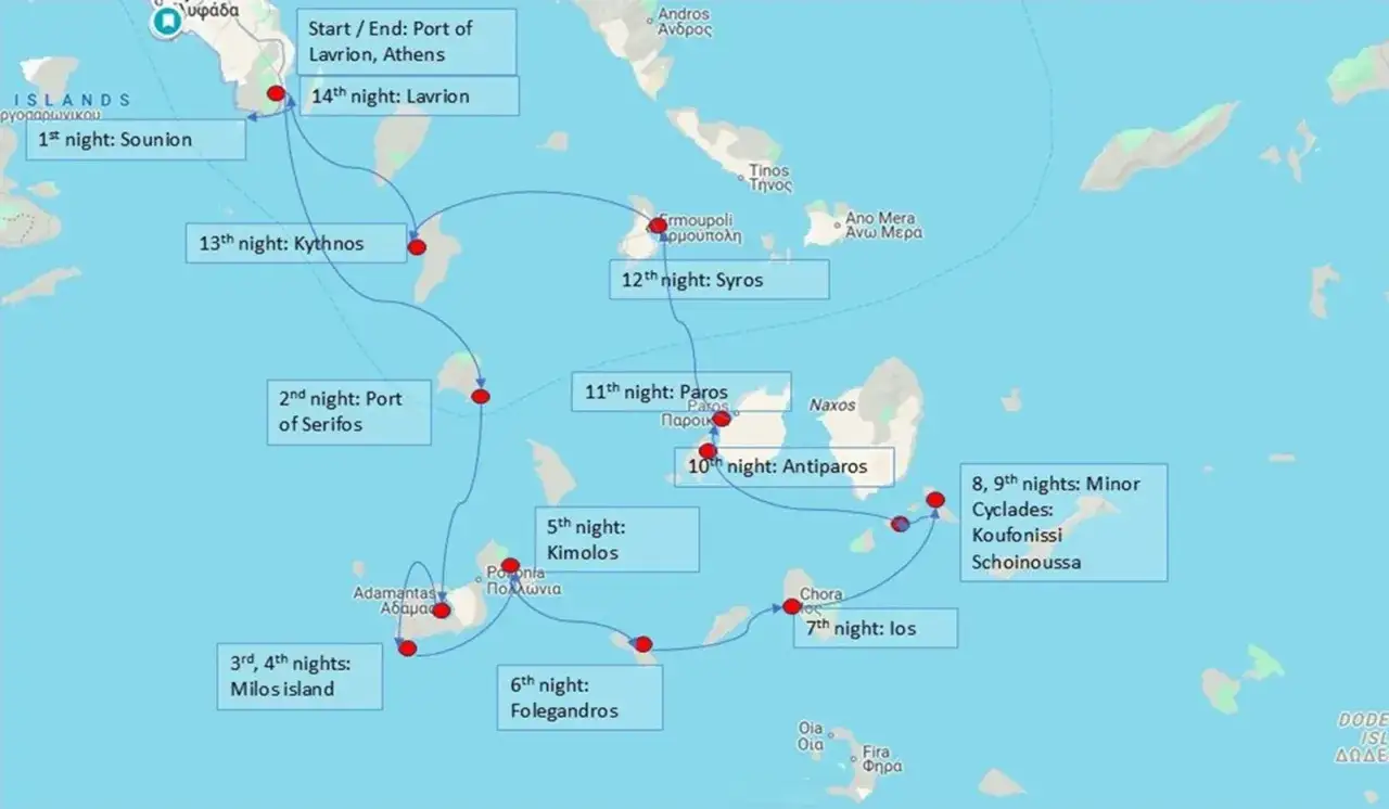 Trasa rejsu po Morzu Egejskim: Ateny, Sounion, Kythnos, Serifos, Milos, Folegandros, Ios, Małe Cyklady, Antiparos, Paros, Syros, Lavrion.