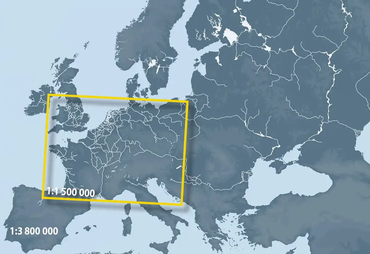 Mapa Europy z zaznaczonym obszarem z wyższą skalą, ukazującym gęstą sieć dróg wodnych w Europie Zachodniej.